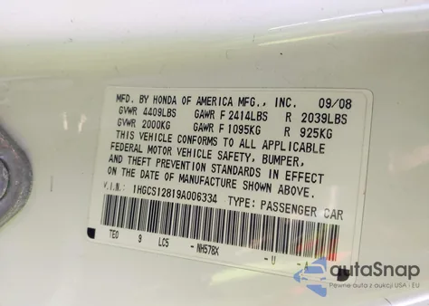 2009 Honda Accord 2.4 Ex-L from USA, damaged, VIN 1HGCS12819A006334